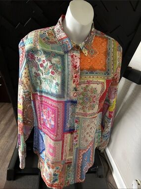 Johnny Was Multicolor Patchwork Floral Button-Down Shirt